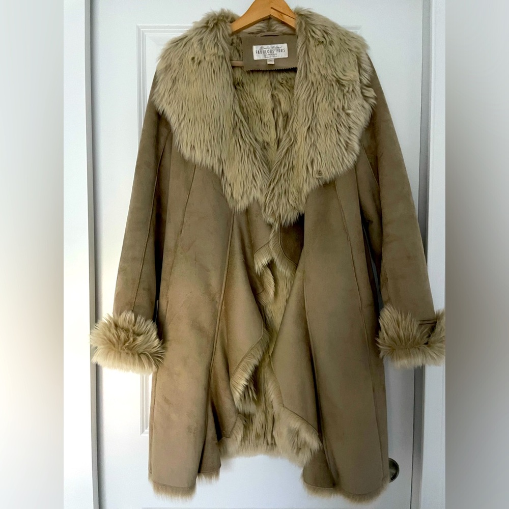 Beautiful luxury faux suede coat with faux fur lining and trim by Fabulous Furs